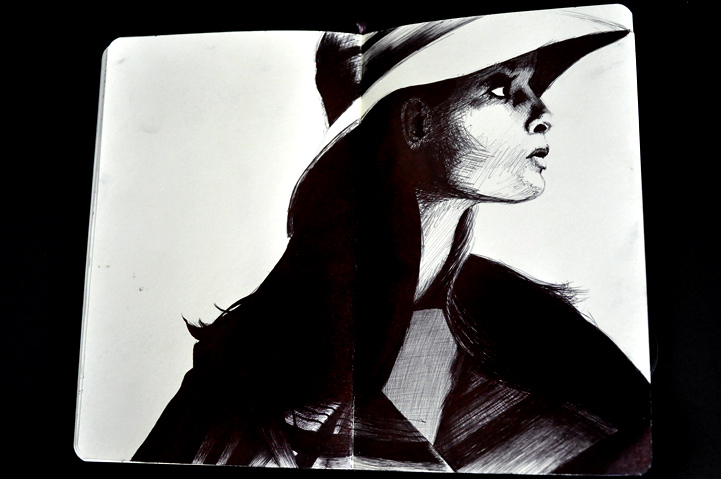 Carnet de croquis et dessin, stylo noir, Hervé Augoyat Lyon.
