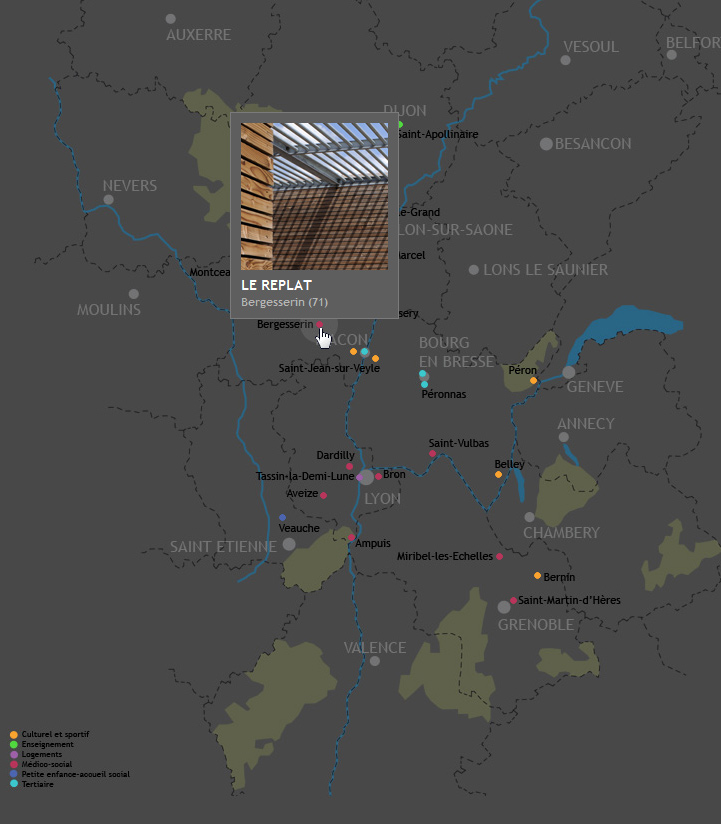 Création d'une carte interactive dynamique pour Hervé Regnault Architecte, Hervé Augoyat Lyon.