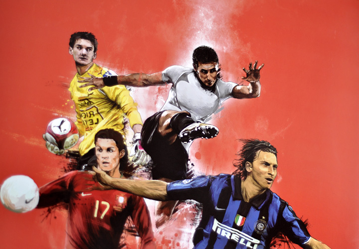 Infographie football, poster dessin et peinture à la tablette graphique, Hervé Augoyat.