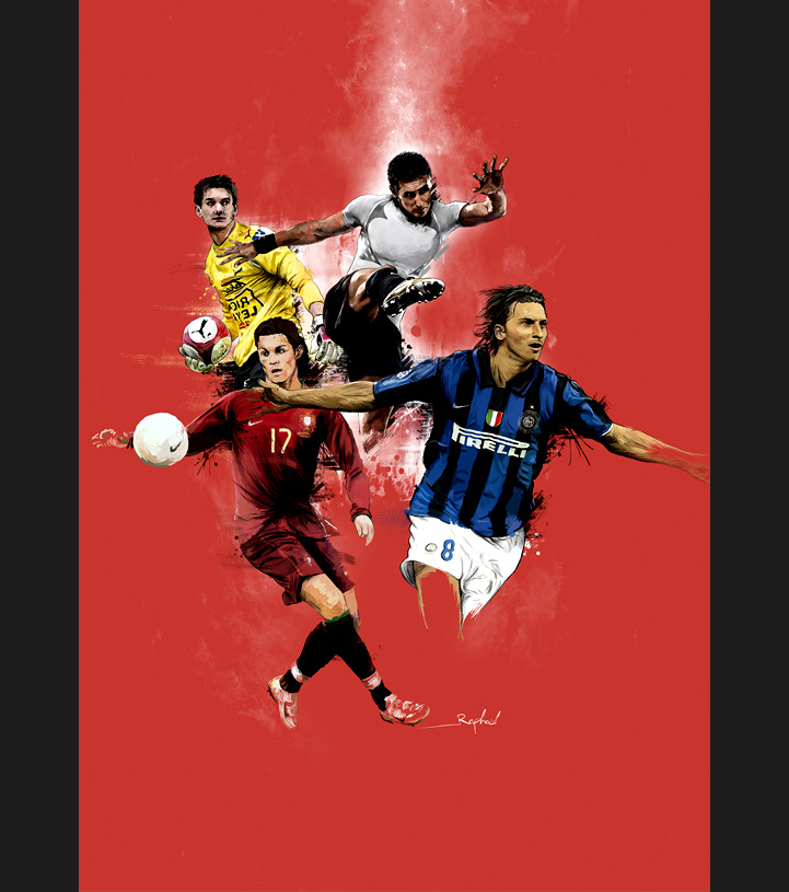 Infographie football, poster dessin et peinture à la tablette graphique, Hervé Augoyat.
